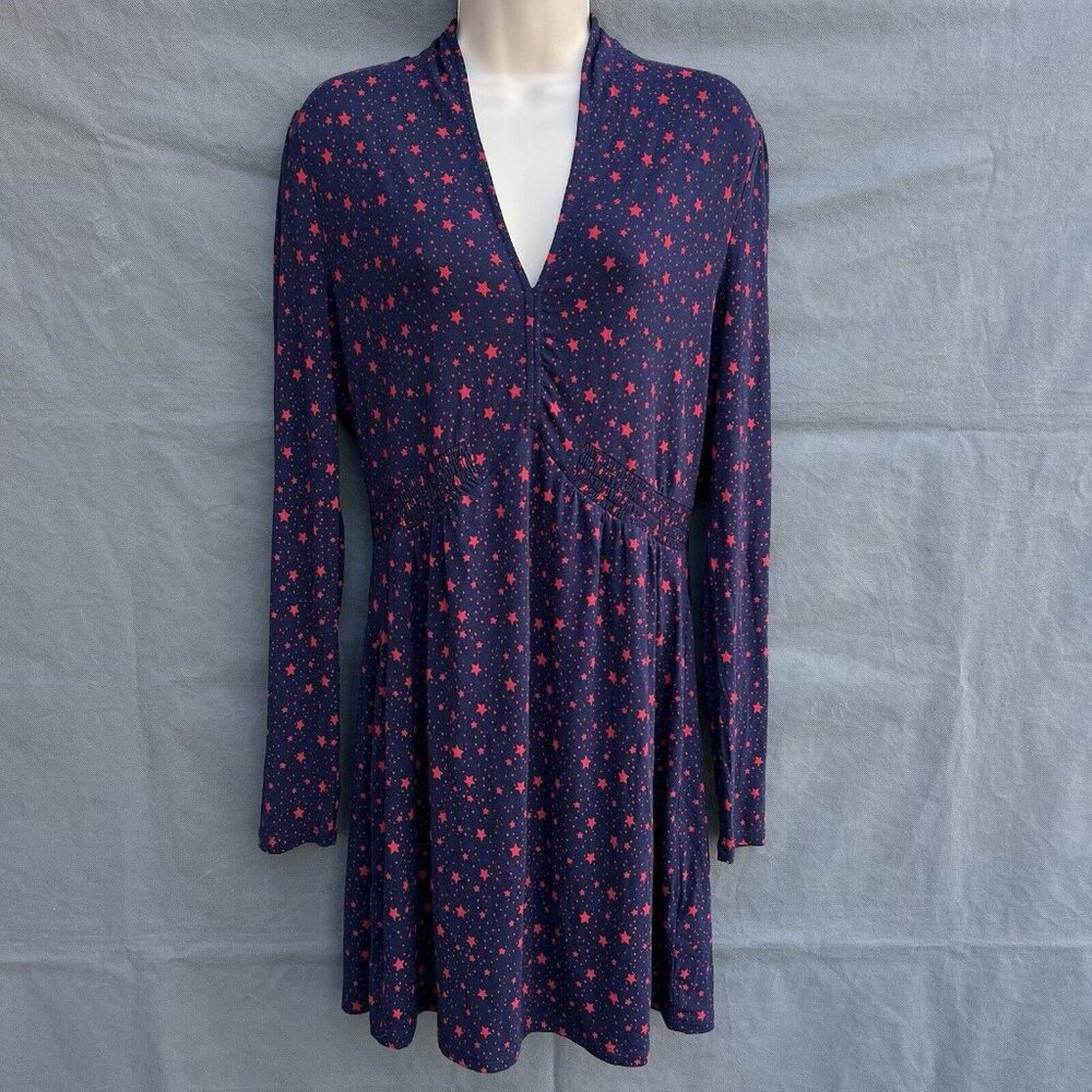 Boden J0304 Betty Tunic Top Star Print Blue Red V-Neck Size 8R Stretchy Comfy
